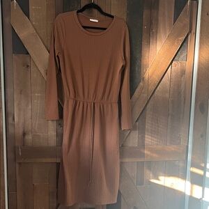 Ribbed Long Sleeve Midi Dress with Drawstring Waist - Brown